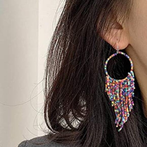 New Colorful Long Beaded Dangle Tassel Hook Earrings Multi Colors A0104 - Picture 6 of 15